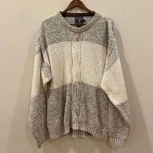 Vintage Chaps Ralph Lauren Sweater Mens Large Brown Ivory Cotton Chunky Cable